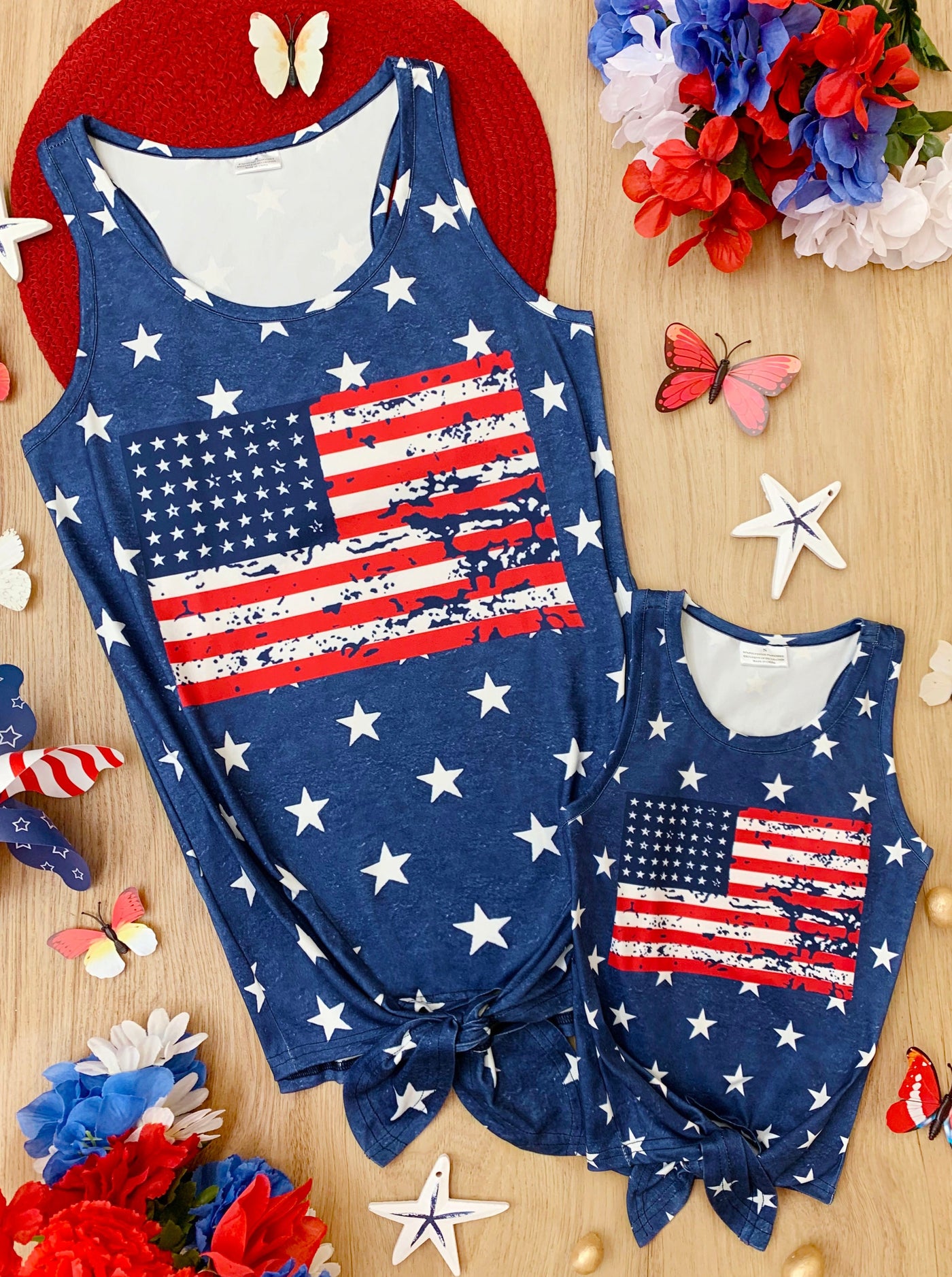 Mommy and Me Star and Stripes Knot Hem Tank TopMommy & Me 4th Of July Top | US Flag Stars & Stripes Knot Hem Tank Top