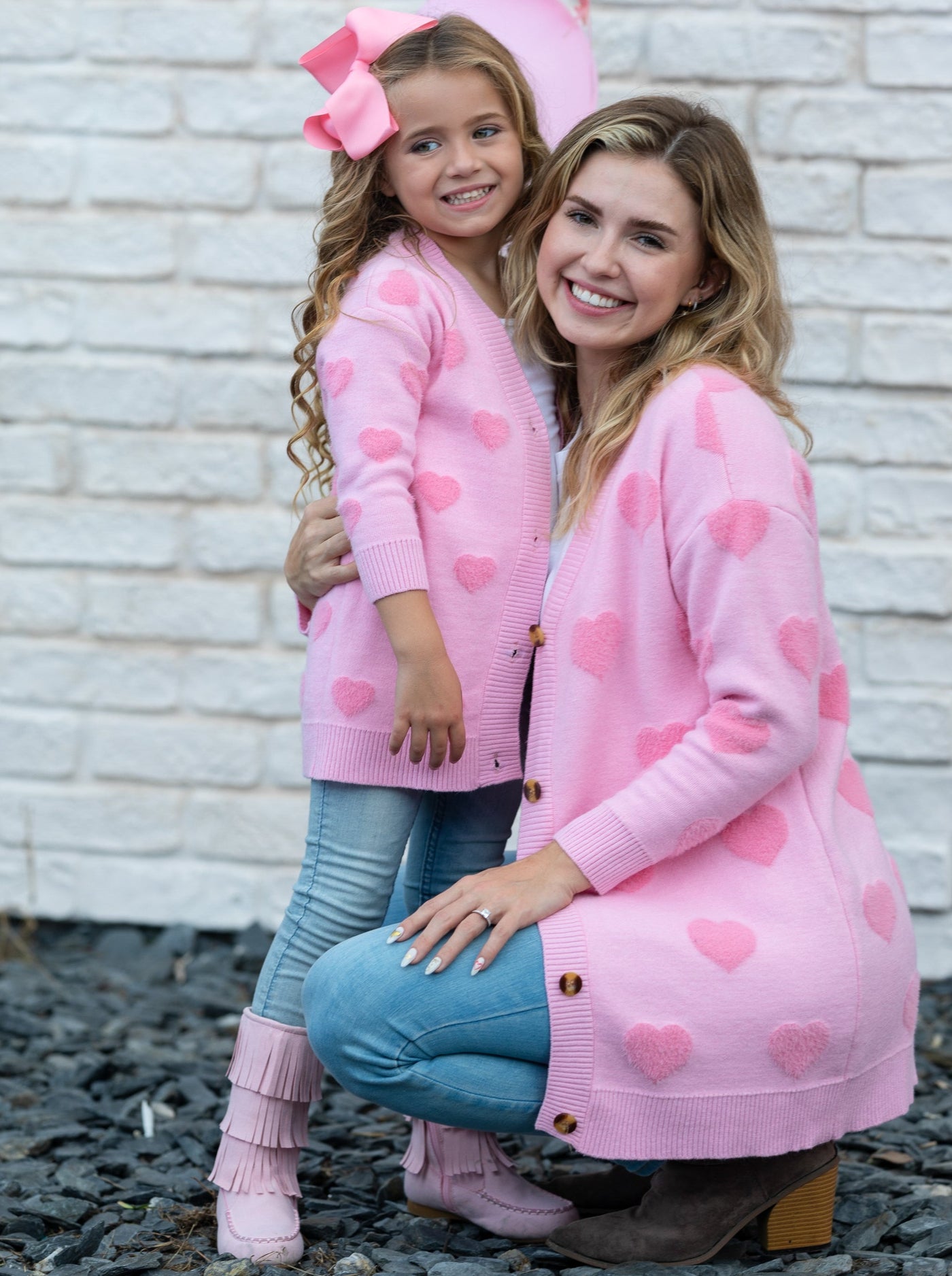 Mommy and Me Cardigans | Fuzzy Heart Print Oversized Cardigan