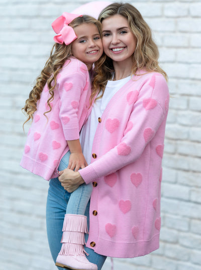 Mommy and Me Cardigans | Fuzzy Heart Print Oversized Cardigan