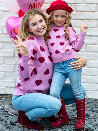Mommy and Me Sweaters | Matching Heart Print Knit Pink Sweaters