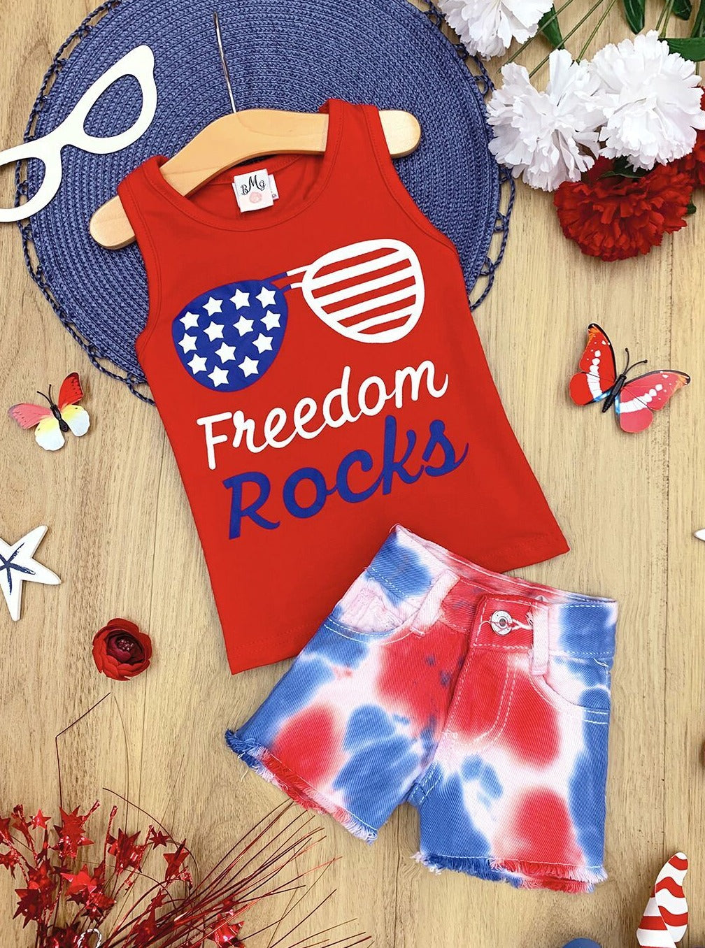 Girls 4th of July Sets | Freedom Rocks Top & Tie Dye Denim Shorts Set