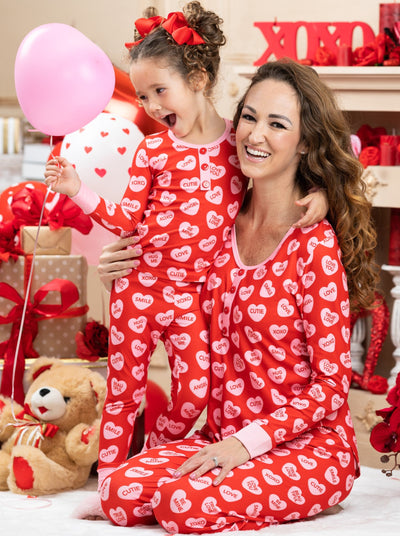 Mommy & Me Valentine's Outfits | Matching Candy Heart Print Pajama Set