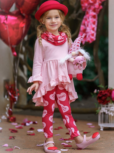 Kids Valentine's Clothes | Hi-Lo Ruffled Tunic, Scarf & Legging Set