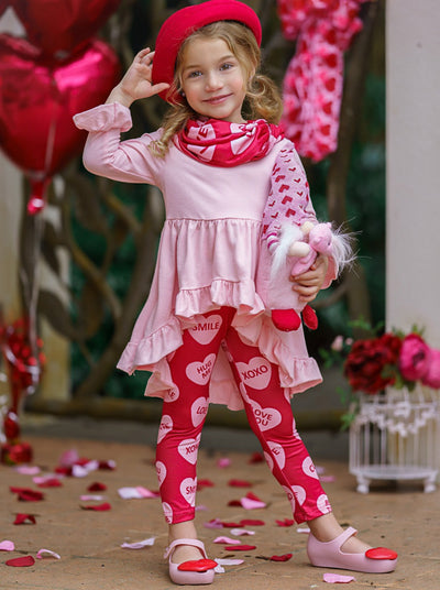 Kids Valentine's Clothes | Hi-Lo Ruffled Tunic, Scarf & Legging Set