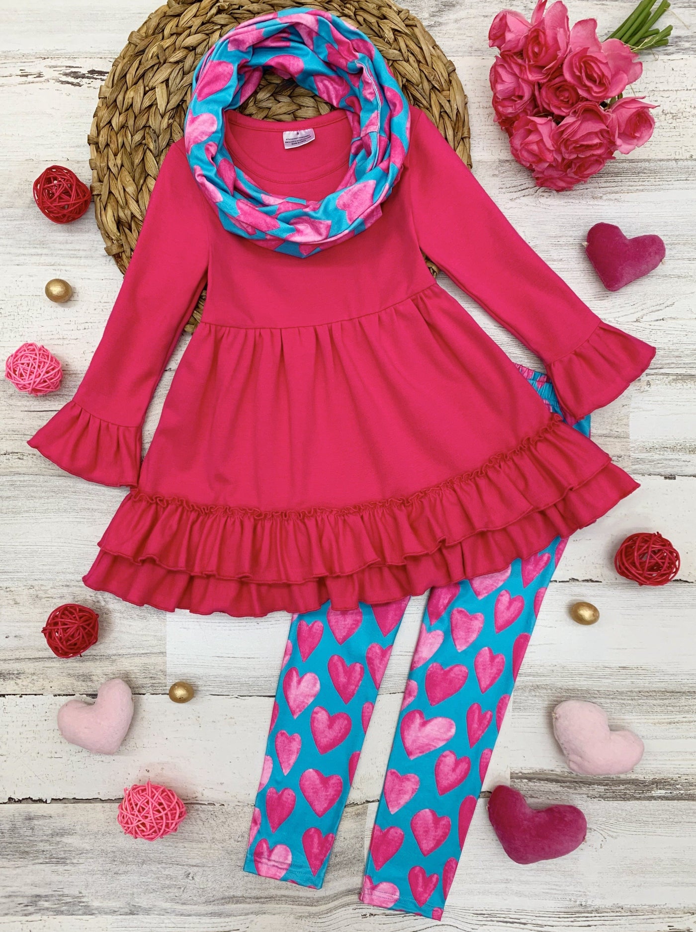 Kids Valentine's Clothes | Tunic, Heart Print Scarf & Legging Set