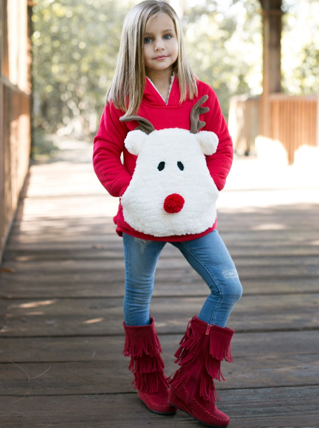 Cozy Winter Sweaters | Girls Plush Fleece Lined Reindeer Hoodie