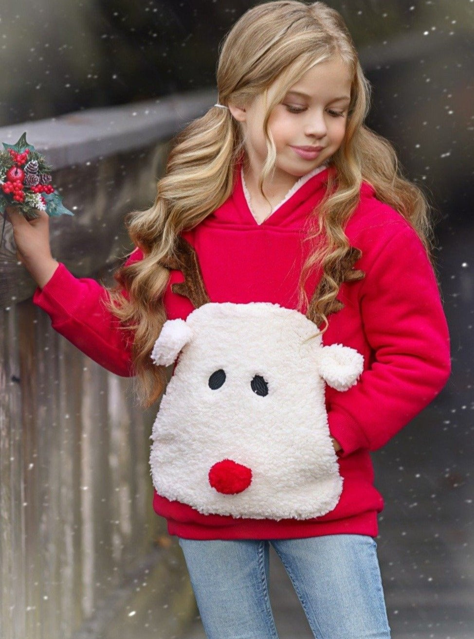 Cozy Winter Sweaters | Girls Plush Fleece Lined Reindeer Hoodie