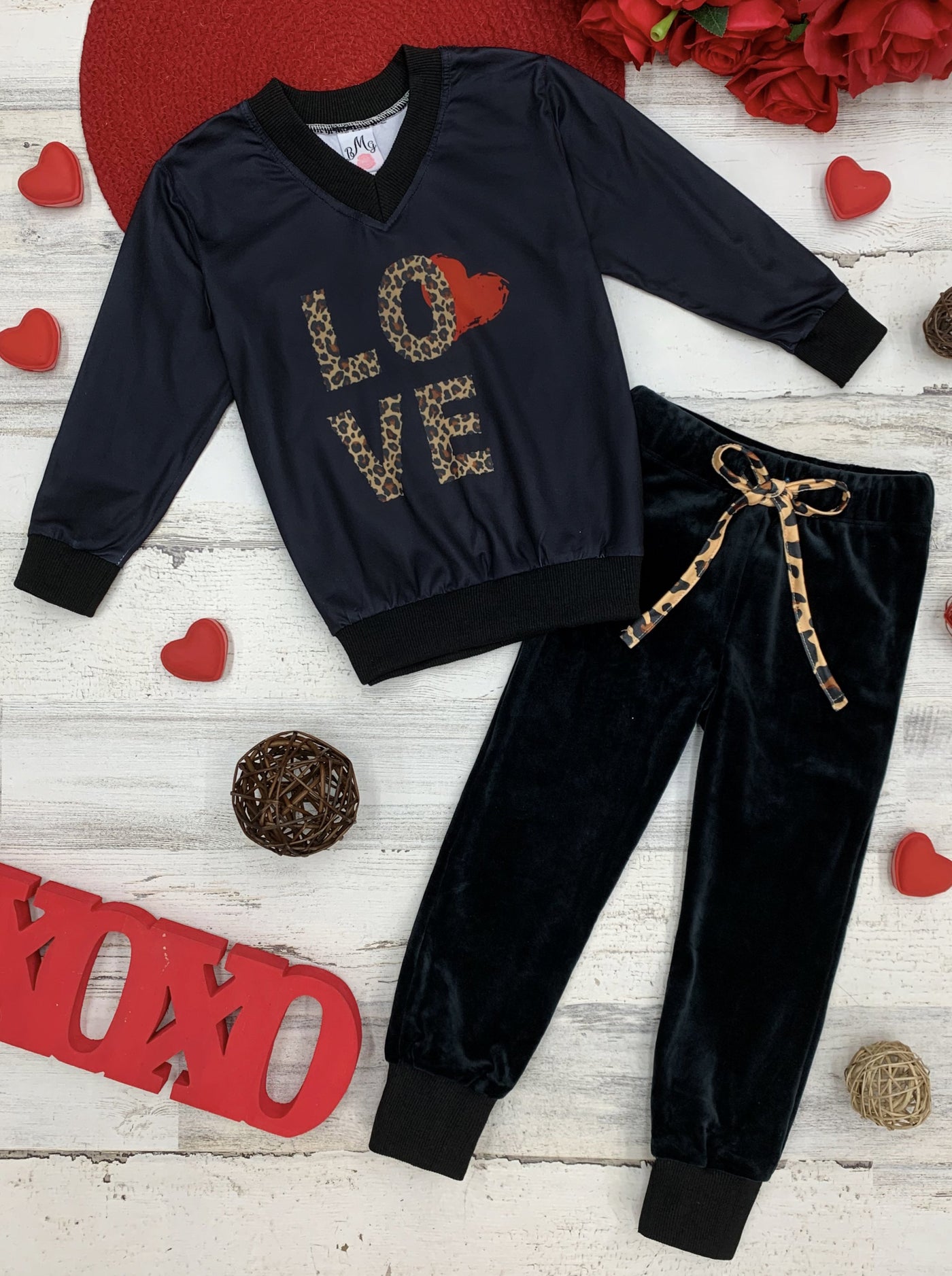 Mommy and me sweater with leopard "Love" print and heart and bottoms with leopard drawstring joggers loungewear