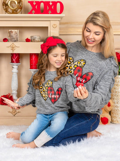 Mommy & Me Tops | Matching Long Ruffle Sleeve Mixed Print Heart Top