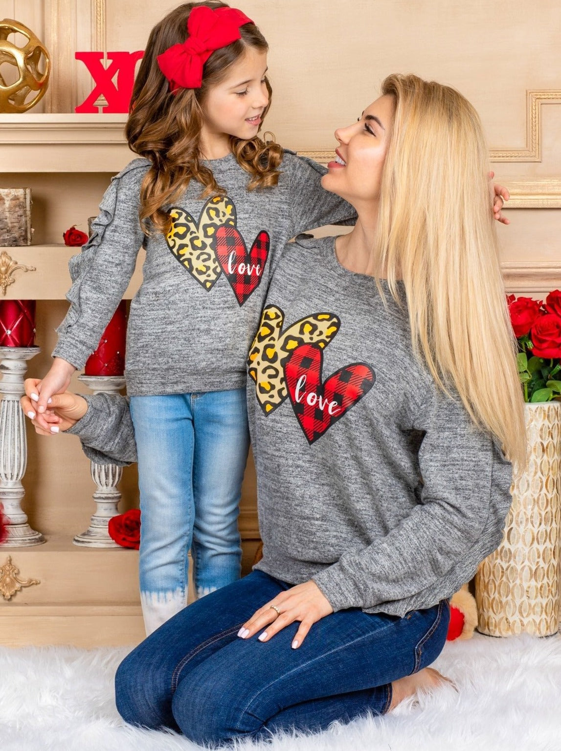 Mommy & Me Tops | Matching Long Ruffle Sleeve Mixed Print Heart Top
