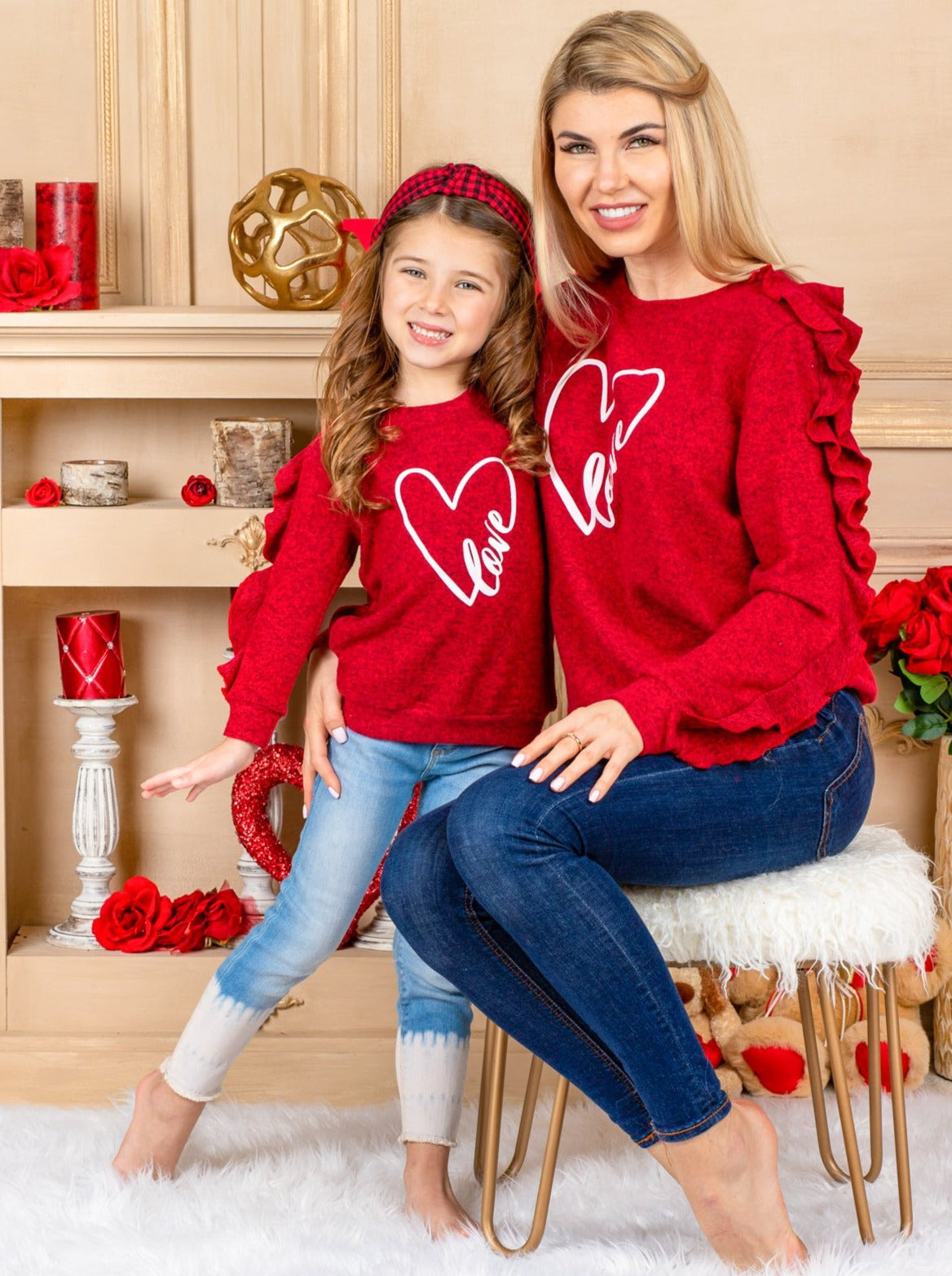 Mommy & Me Valentine's Day | Matching Love Heart Ruffle Sleeve Top