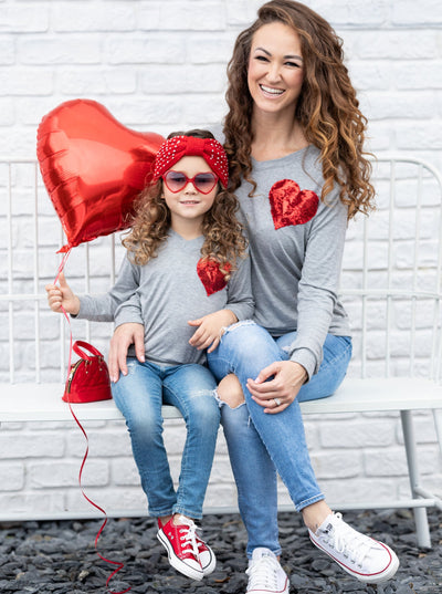 Mommy and Me Matching Tops | Sequin Heart Grey Long Sleeve Top