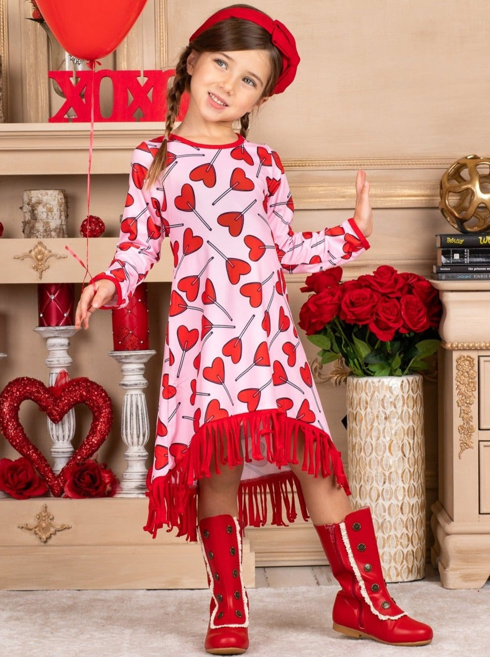 Valentine's Day Dress | Girls Heart Lollipop Hi-Lo Tassel Hem Dress