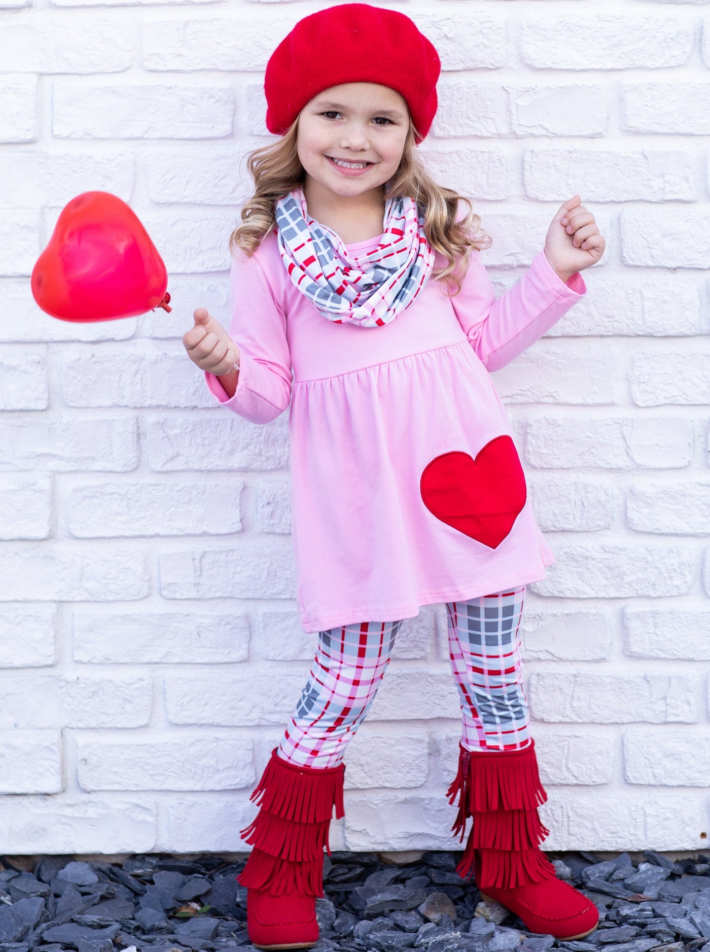 Toddlers Valentine's Outfits | Heart Tunic, Plaid Scarf & Legging Set