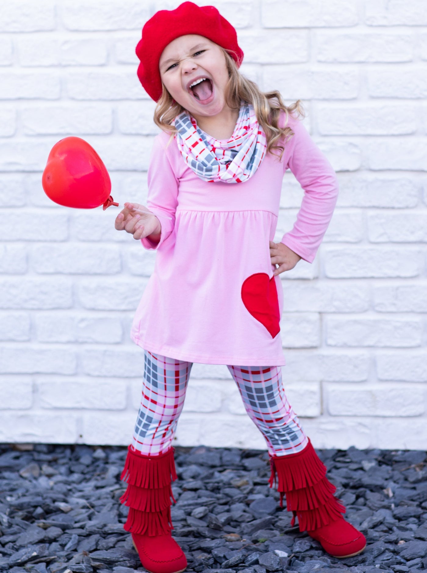 Toddlers Valentine's Outfits | Heart Tunic, Plaid Scarf & Legging Set