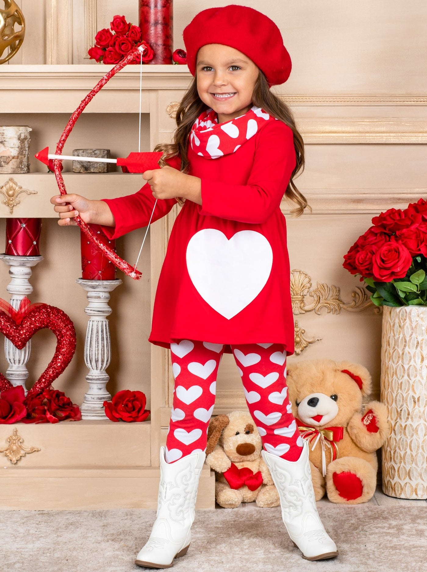 Toddler Valentine's Outfit  Girls Heart Tunic, Scarf And Legging Set – Mia  Belle Girls
