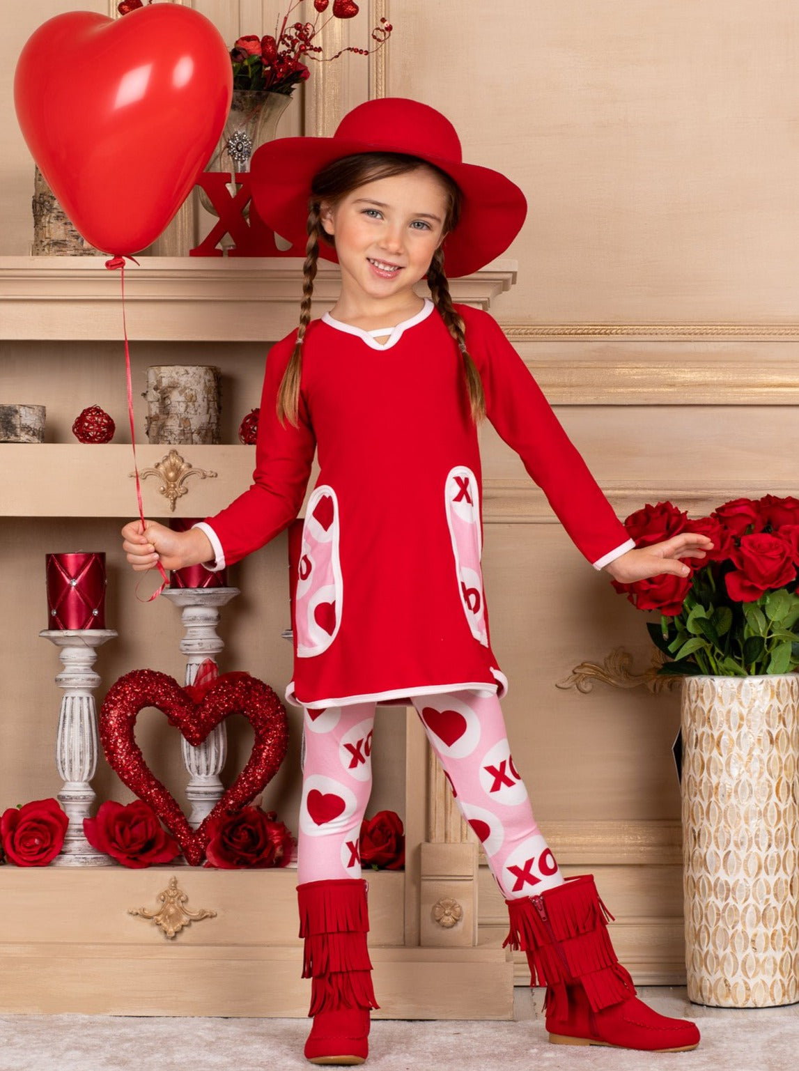 Girls Valentine's Clothes | XO Heart Print Pocket Tunic & Legging Set