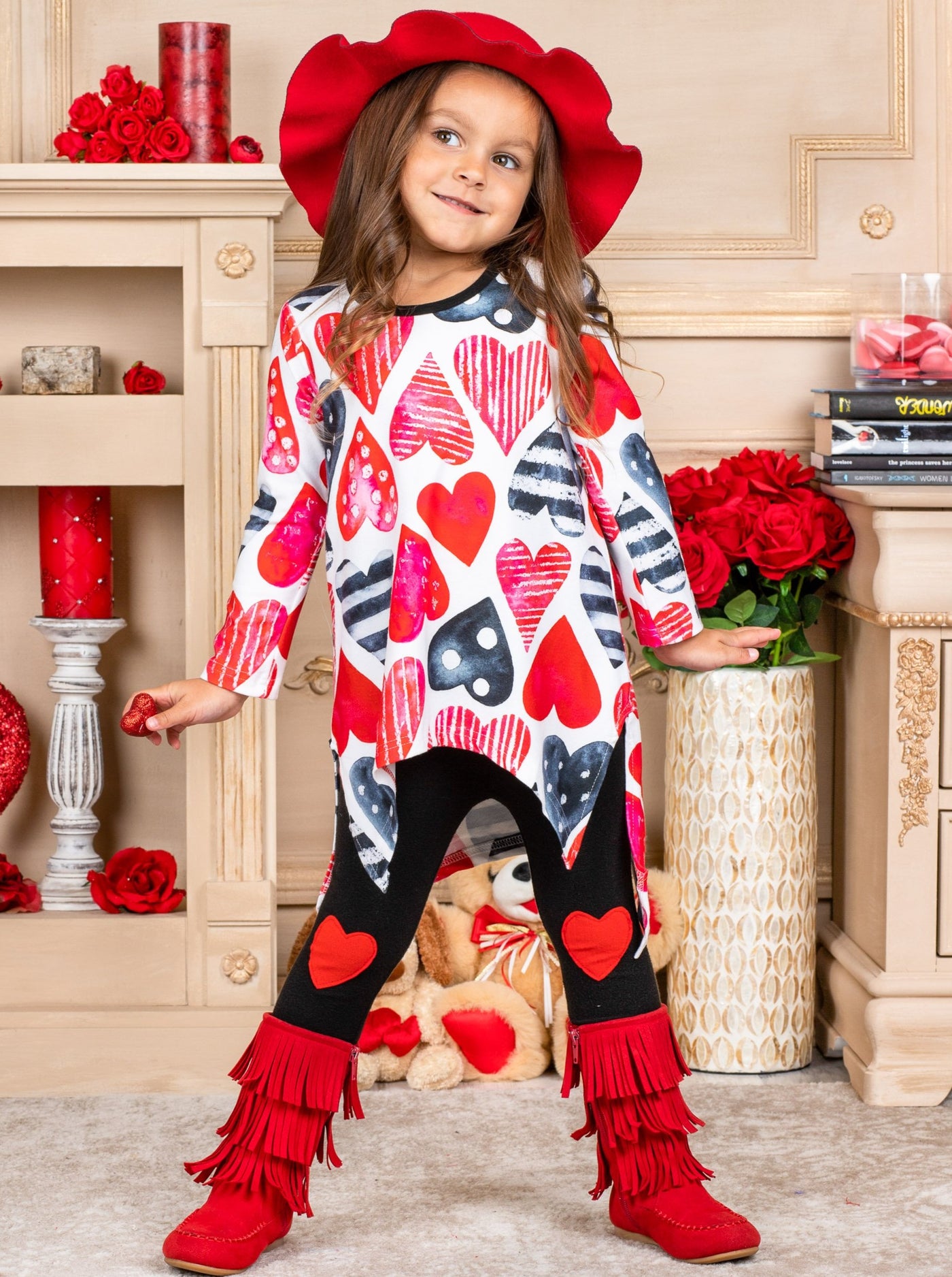 Kids Valentine's Clothes | Girls Heart Print Hi-Lo Tunic & Legging Set