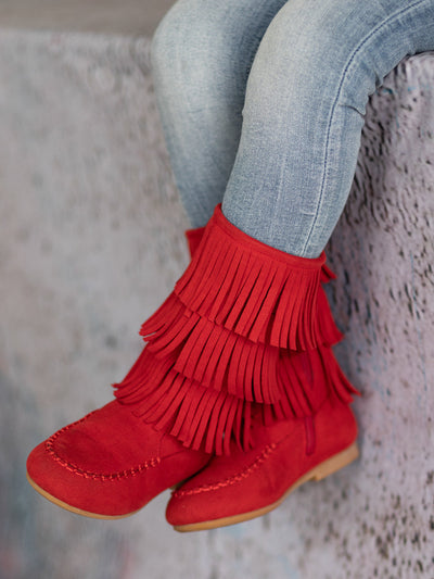Girls Fringe Boots | Red Suede Tiered Fringe Boots - Mia Belle Girls