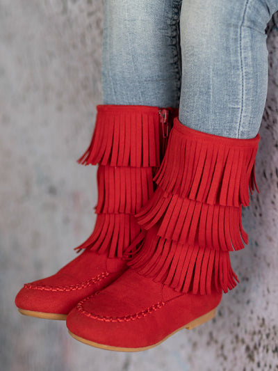 Girls Red Suede Tiered Fringe Boots - Red / 8 - Girls Boots