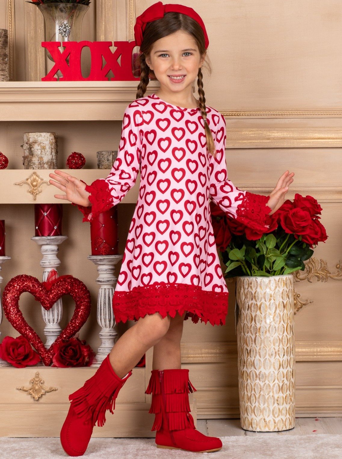 Cute Valentine's Day Dress | Little Girls Heart Print Lace Hem Dress