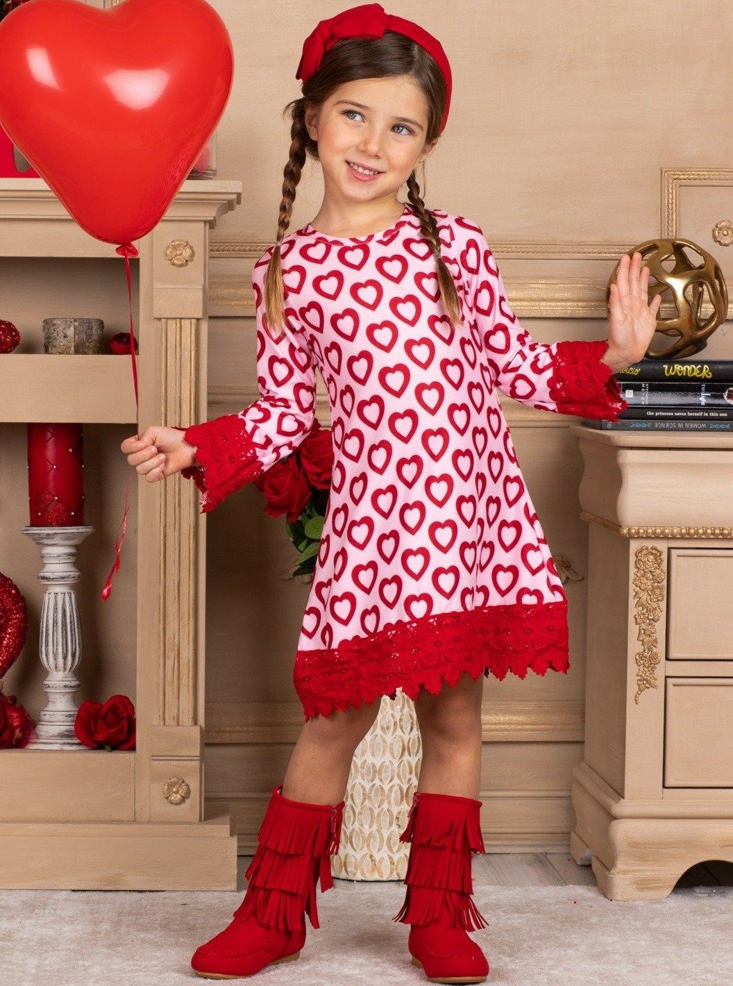 Cute Valentine's Day Dress | Little Girls Heart Print Lace Hem Dress