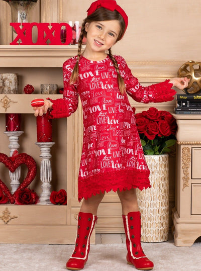 Toddler Valentine's Day Dress | Girls Love Print Crochet Hem Dress