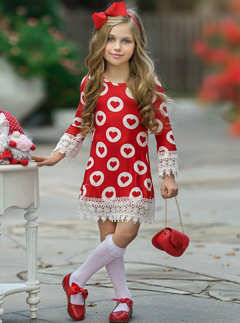Kids Valentine's Day Dress | Girls Heart Print Pattern Lace Trim Dress