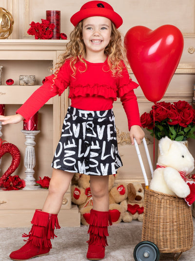 Kids Valentine's Clothes | Girls Ruffled Top & Love Buttoned Skirt Set