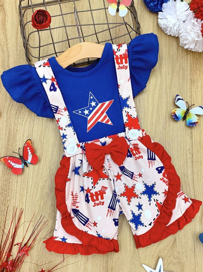 Girls Summer set features a blue ruffle shoulder top with American star graphic and 4th of July-themed print suspender shorts with a front bow and ruffle hem
