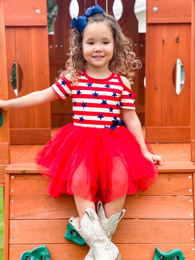 Girls 4th of July Themed Cold Shoulder Tutu Dress with Bow
