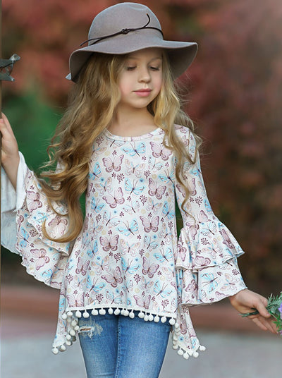 Butterfly Print Tiered Sleeve Sidetail Tunic | Mia Belle Girls