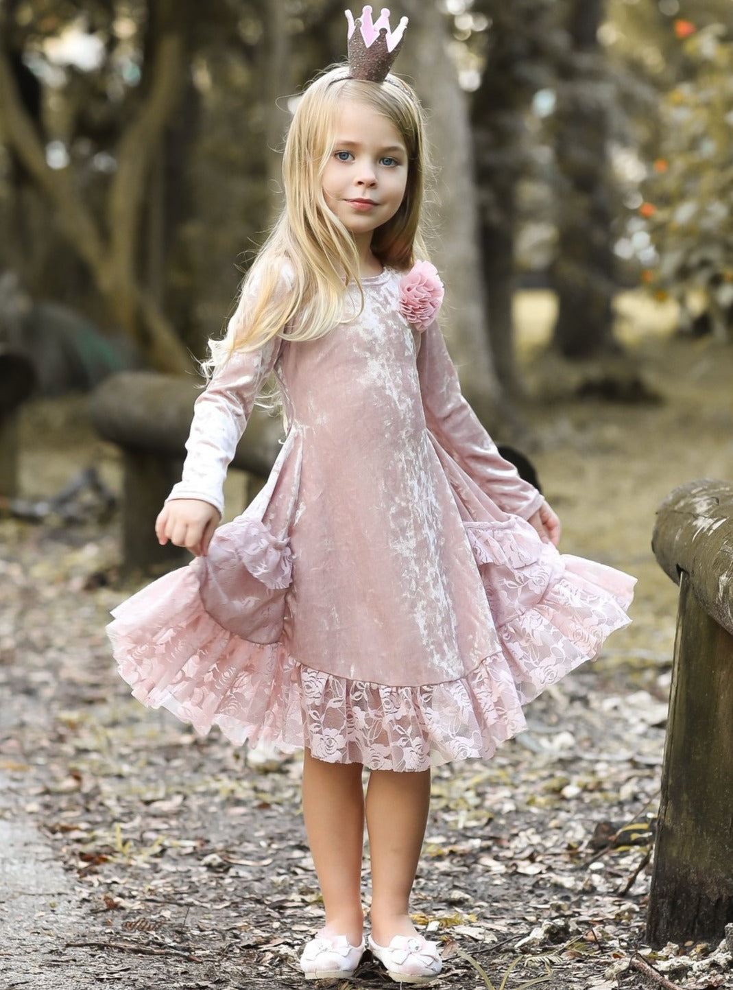 Girls Dusty Pink Velvet Princess  Holiday Dress with Lace Ruffled Pockets