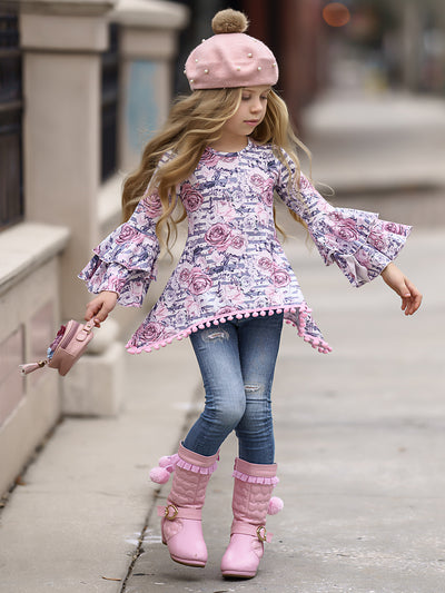 Girls Tiered Boho Sleeve Sidetail Tunic with Pom Pom Trim