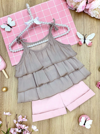 Girls Tiered Crop Top and Cuffed Shorts Set 2t-10Y grey
