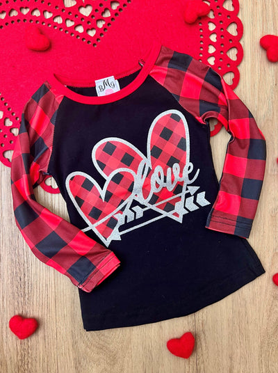 Kids Valentine's Clothes | Girls Love Buffalo Plaid Raglan Graphic Top