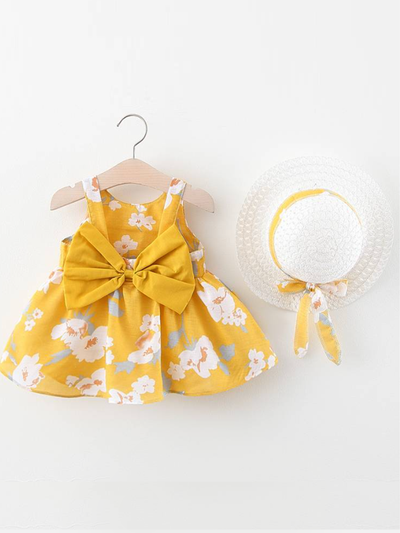 Baby Spring Flower Dress with Matching Hat yellow