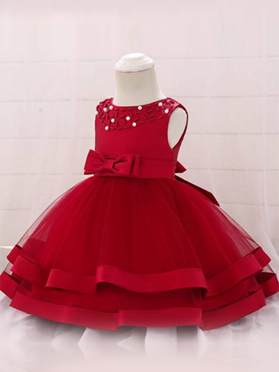 Baby dress features beautiful beads on the bodice, voile with satin hem-red