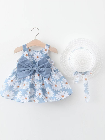 Baby Spring Flower Dress with Matching Hat light blue