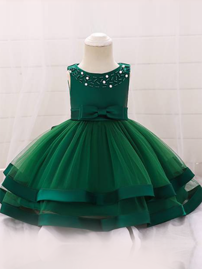 Baby dress features beautiful beads on the bodice, voile with satin hem-green