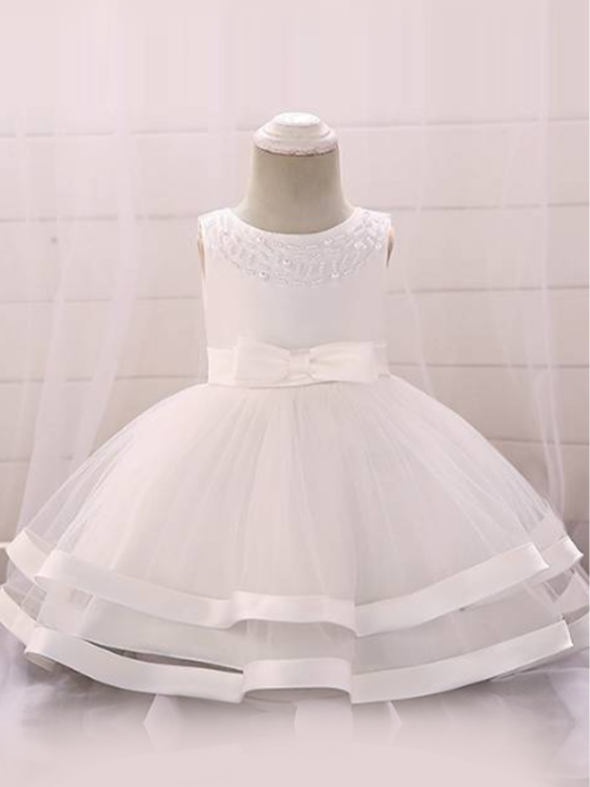 Baby dress features beautiful beads on the bodice, voile with satin hem-white