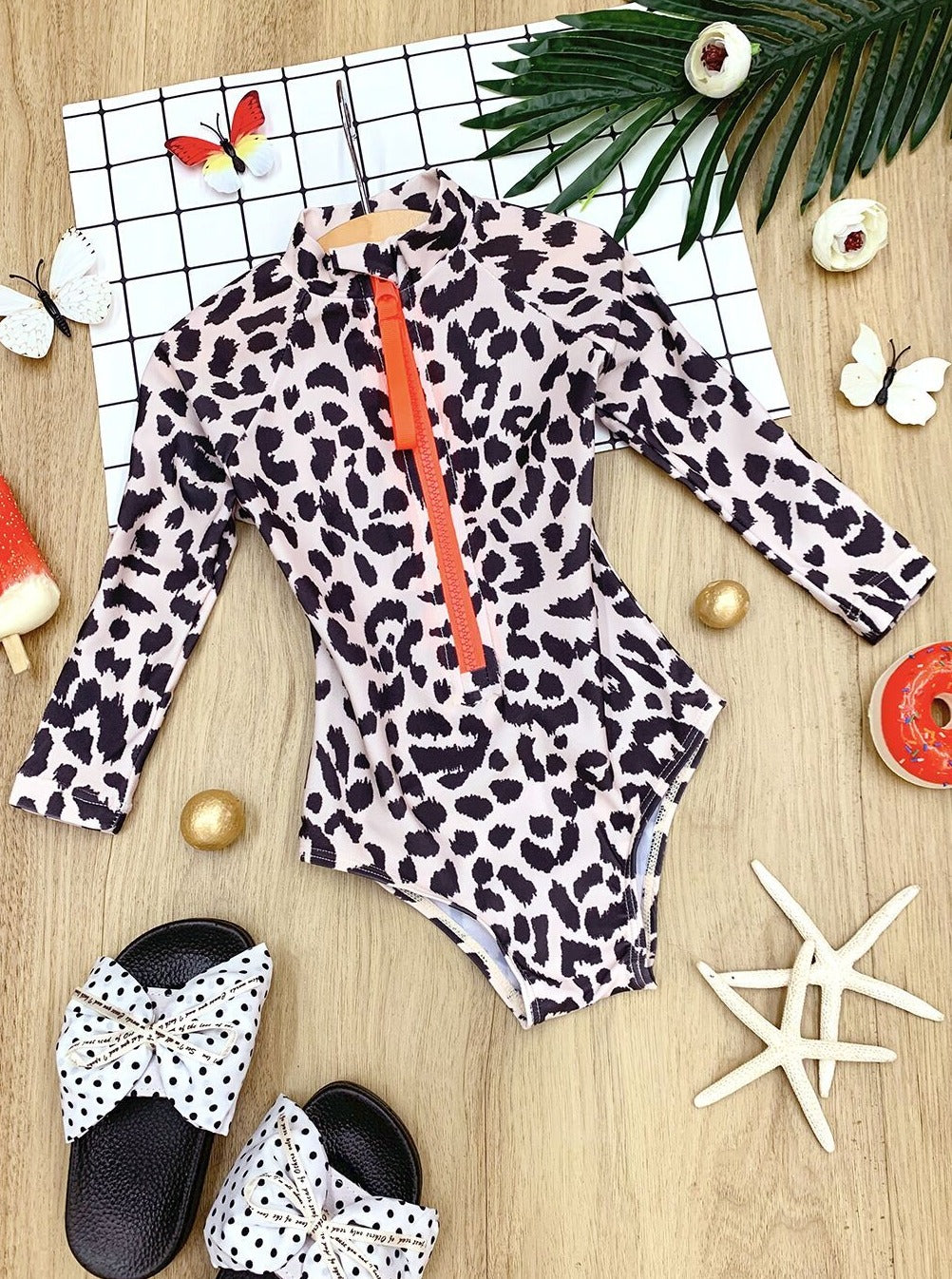 Toddler Rash Guard Swimsuit | Girls Leopard Zipper One Piece Swimsuit