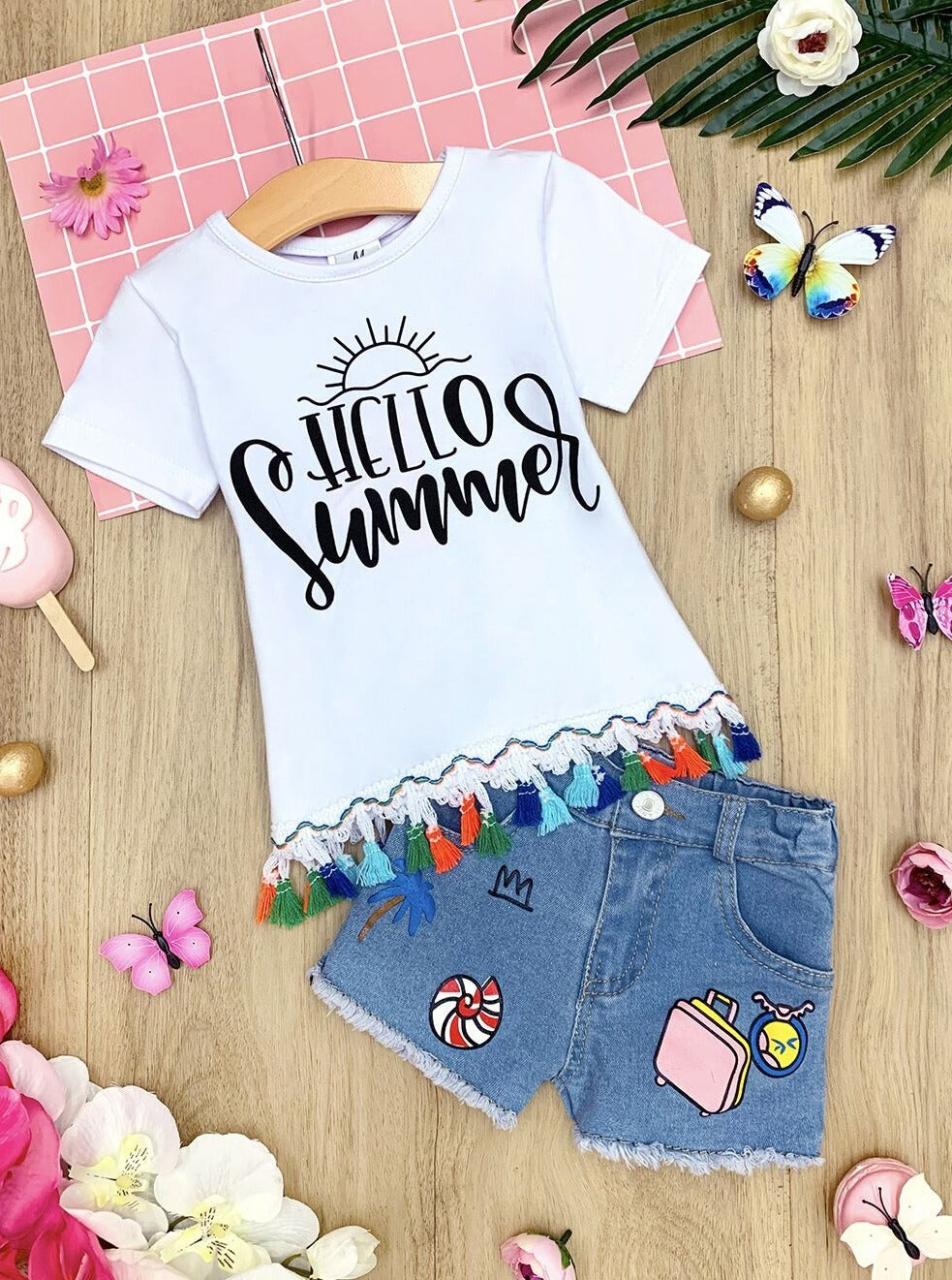 Cute Toddler Outfit | Girls Hello Summer Tassel Top & Denim Shorts Set