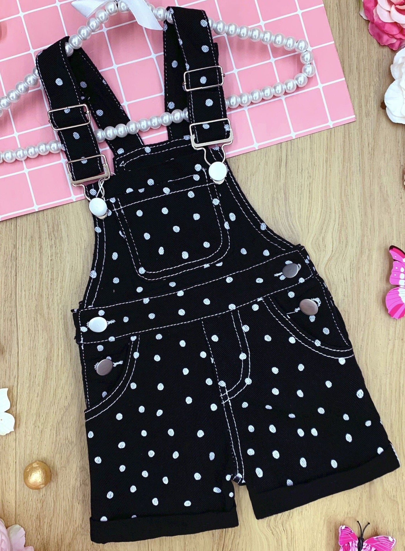 Cute Spring Toddler Outfit  Girls Polka Dot Cuffed Denim Overalls
