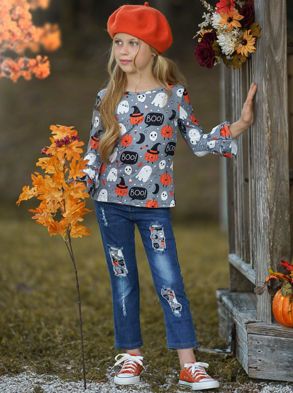 Girls Halloween Outfits | Top & Patched Jeans Set - Mia Belle Girls