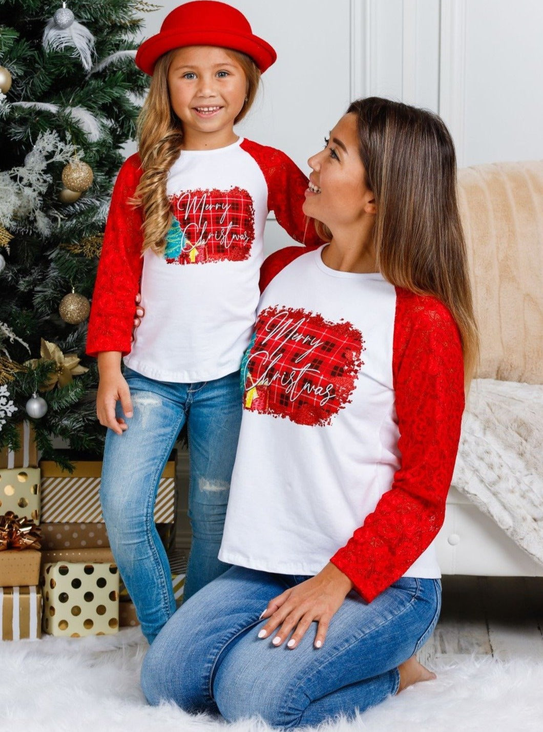 Mommy and Me Matching Tops | Merry Christmas Raglan Lace Tops