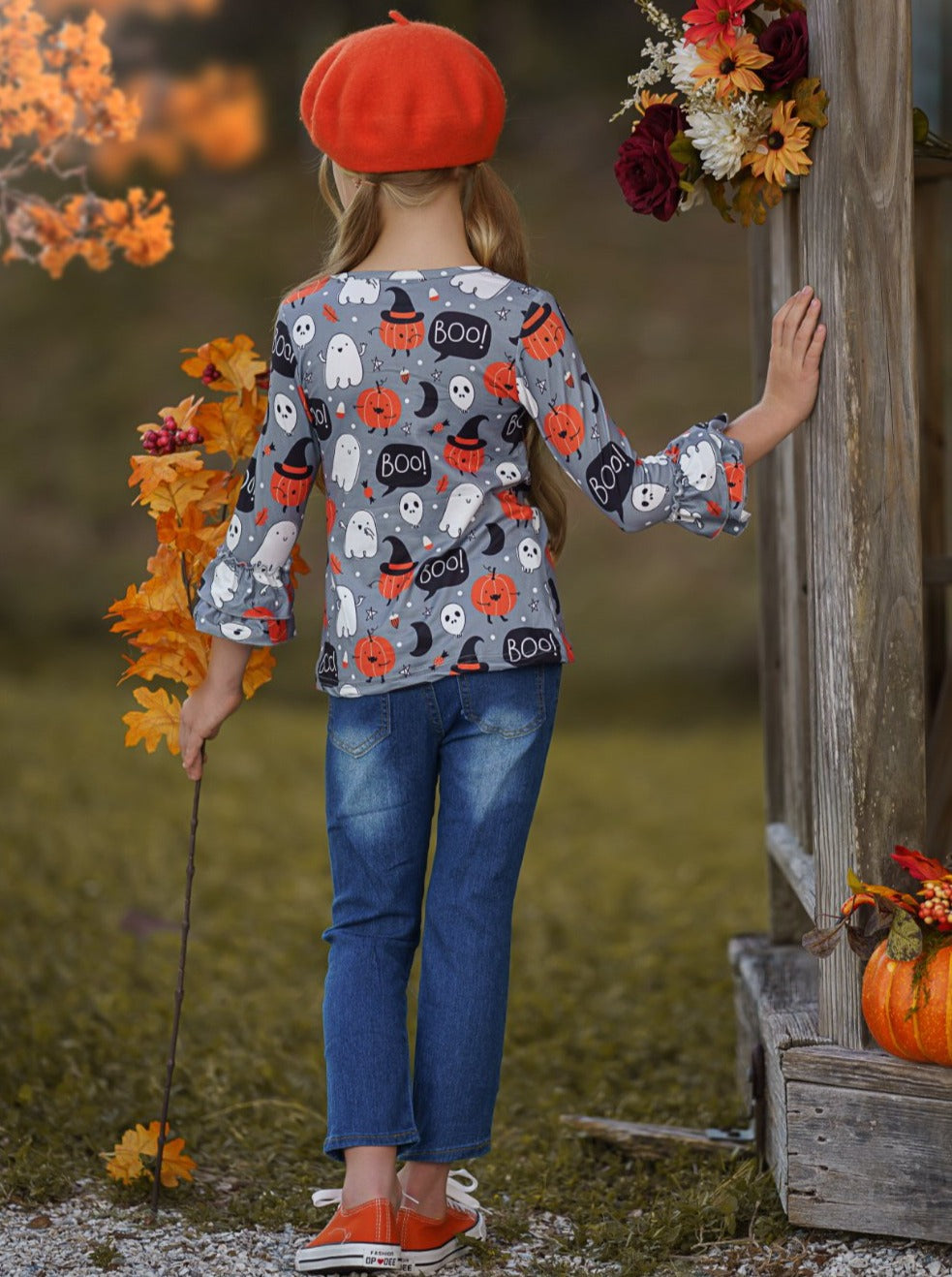 Girls Halloween Outfits | Top & Patched Jeans Set - Mia Belle Girls
