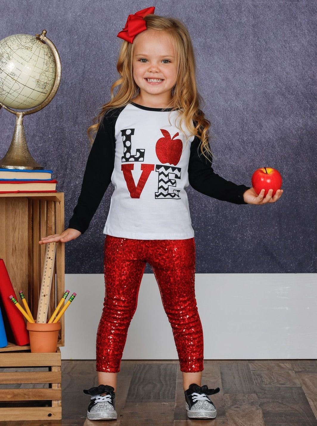 Little girls back to school "Love" raglan sleeve top with apple graphic and sequin mesh leggings - Mia Belle Girls