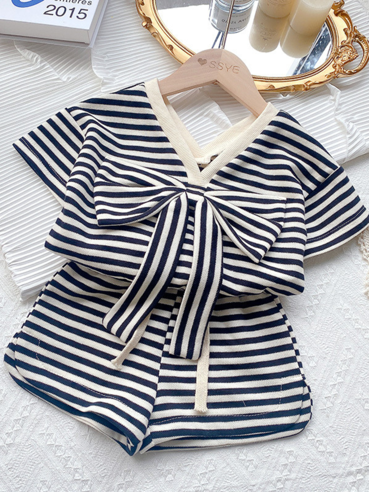 Girls Summer Outfits | Black Striped Statement Bow Top & Shorts Set