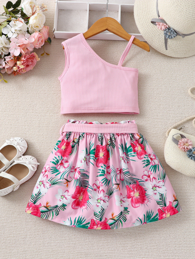 Mia Belle Girls Asymmetrical Top & Flower Skirt Set | Resort Wear